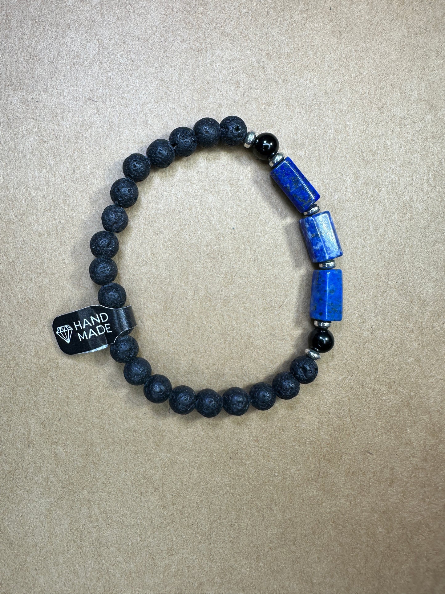 Bransoletka na gumce z Lapis Lazuri, Turmalinu i Lawy Wulkanicznej